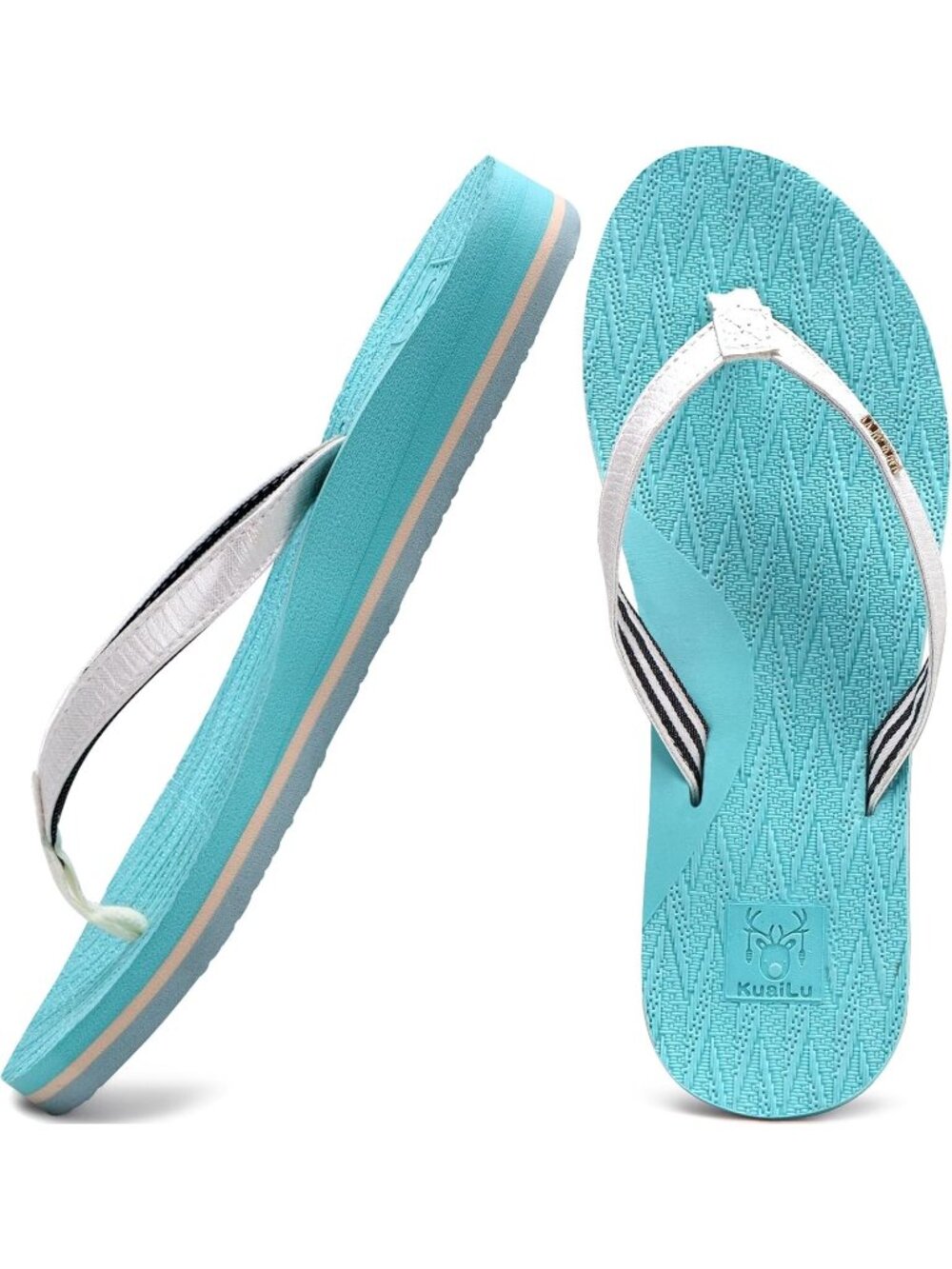 Women's Blue Silver Faux Leather Fashion Flip Flops Ladies Lightweight Sandals